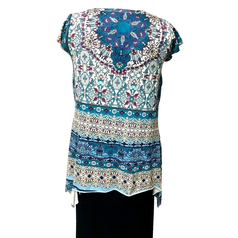 One World Tunic‎ Top V-Neck Blue Abstract Rhinestone Stretch Casual Womens XL